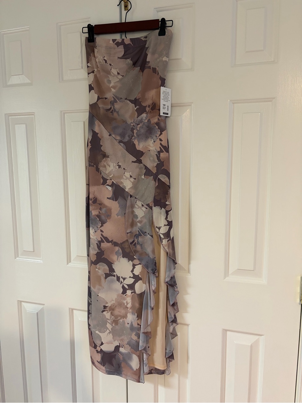 Apricot Lane Floral High-Low Ruffle Maxi Dress in Taupe and Lavender